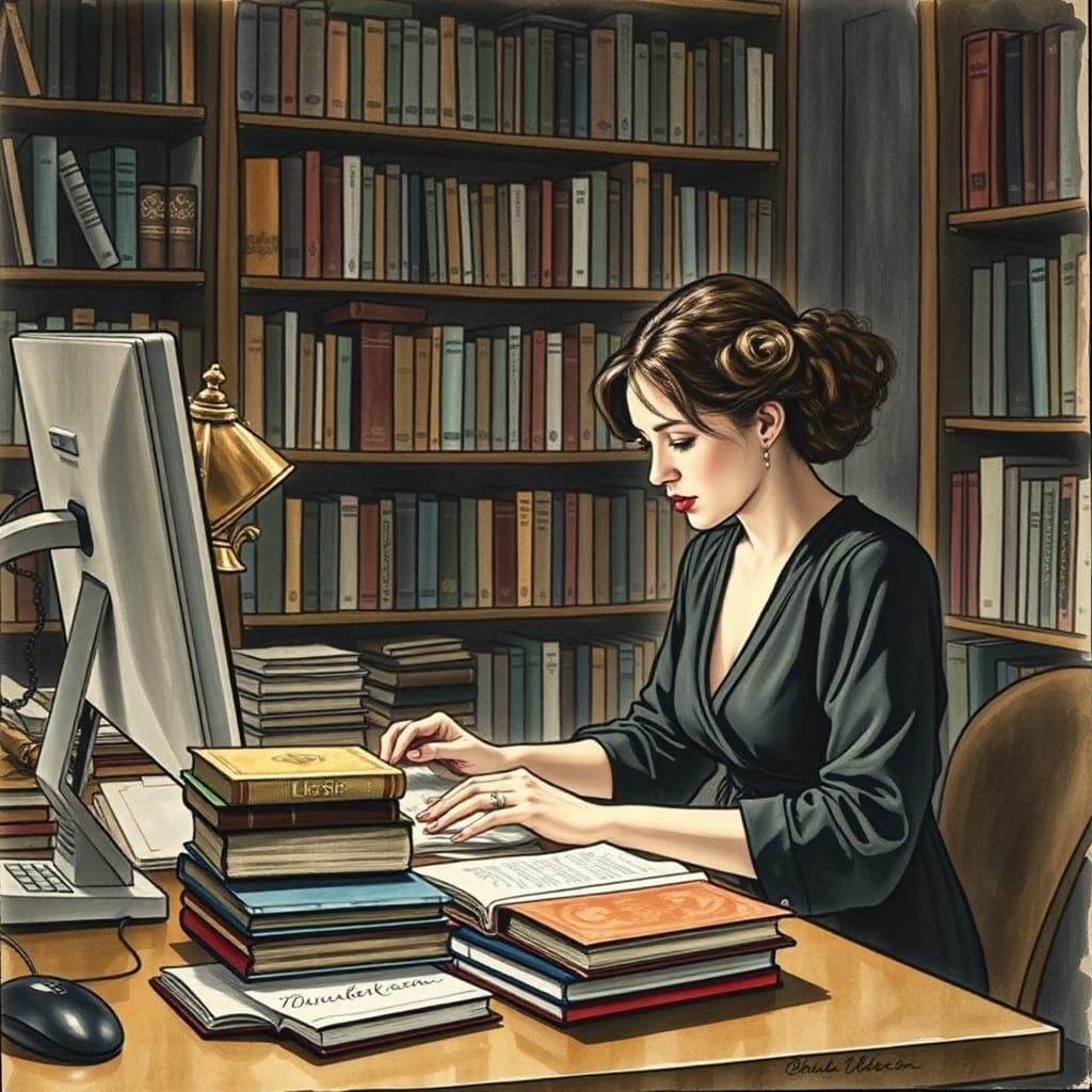 Modern Librarian at Computer in Sargent Style
