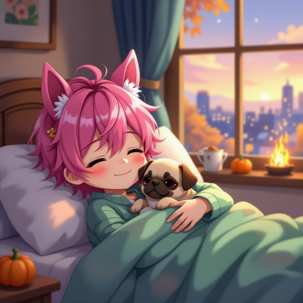 Mystical Anime Boy with Pink Horse Ears and Puppy