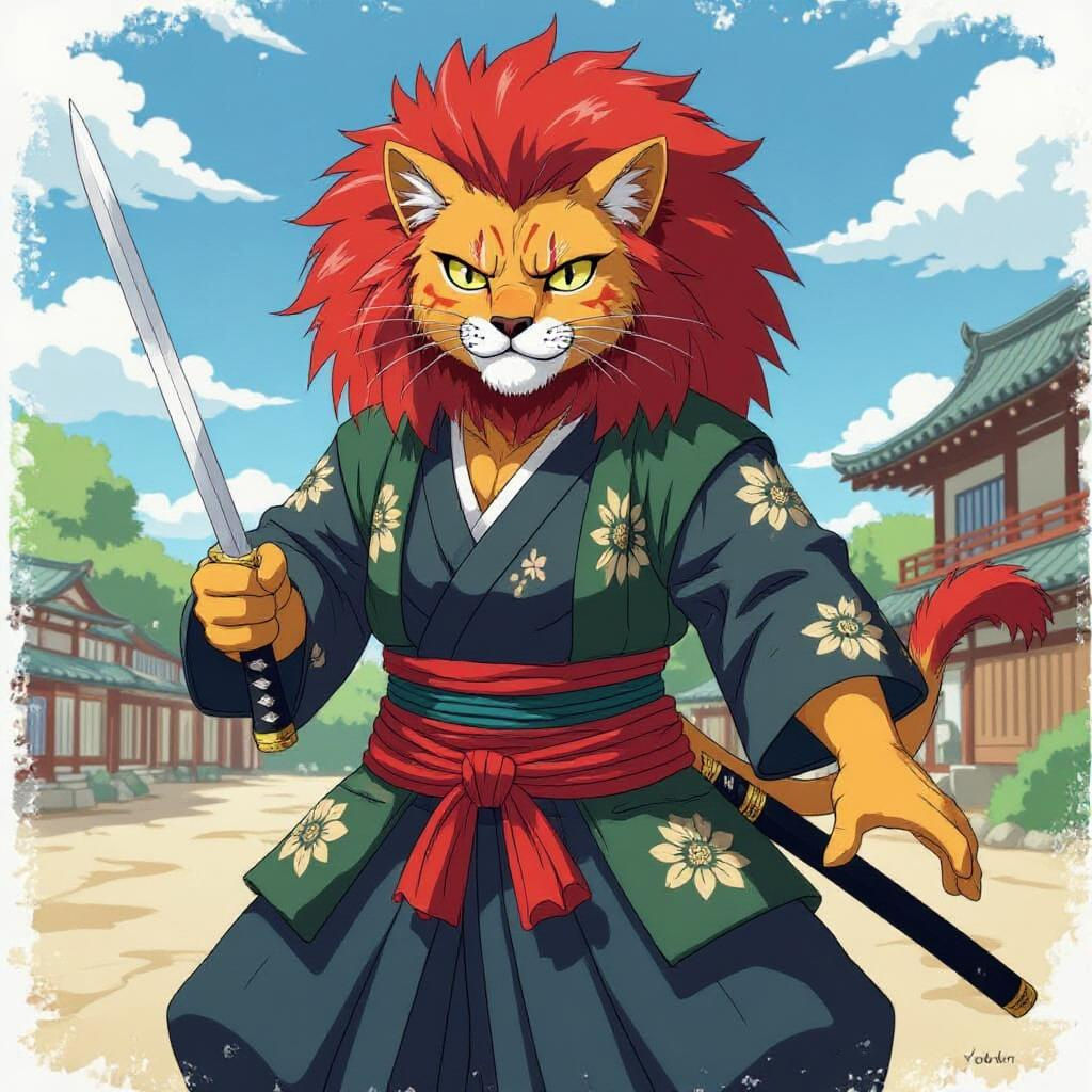 Samurai Lion Warrior in Anime Style