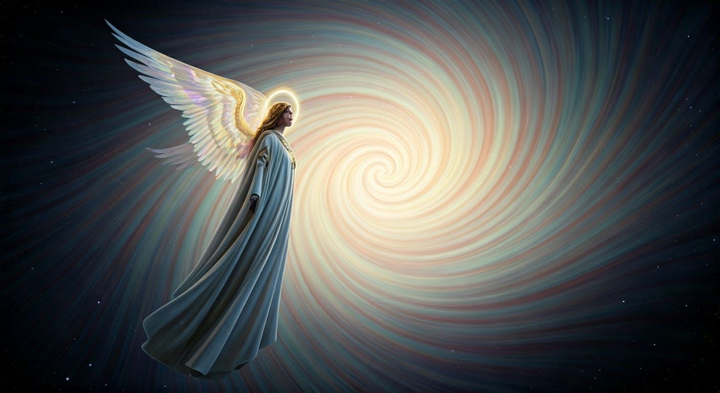 Ethereal Angels in a Swirling Galaxy, Surrealist Style