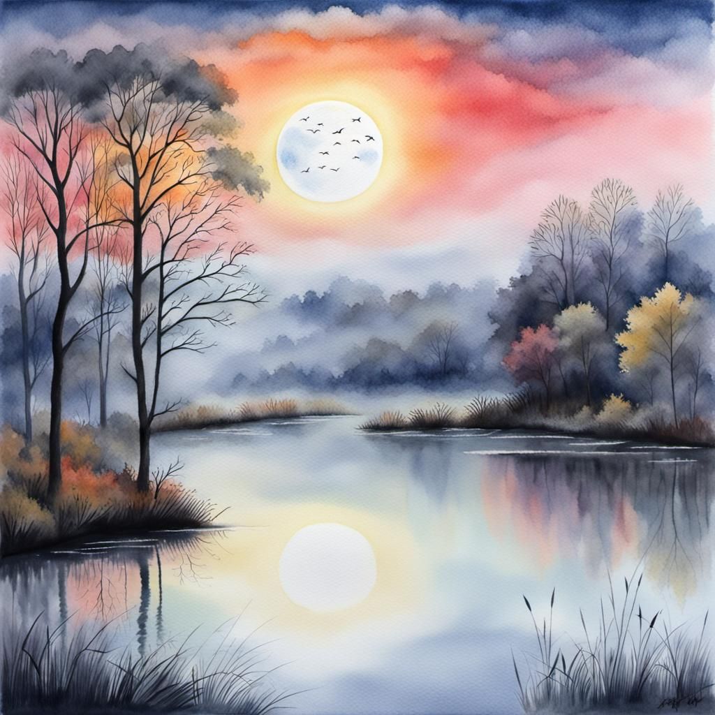 Misty Autumn Pond: Watercolour Sunset with Full Moon
