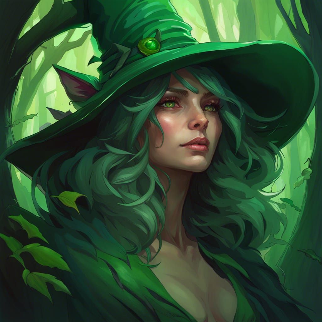 Green Witch Portrait in Hyperdetailed Art Style