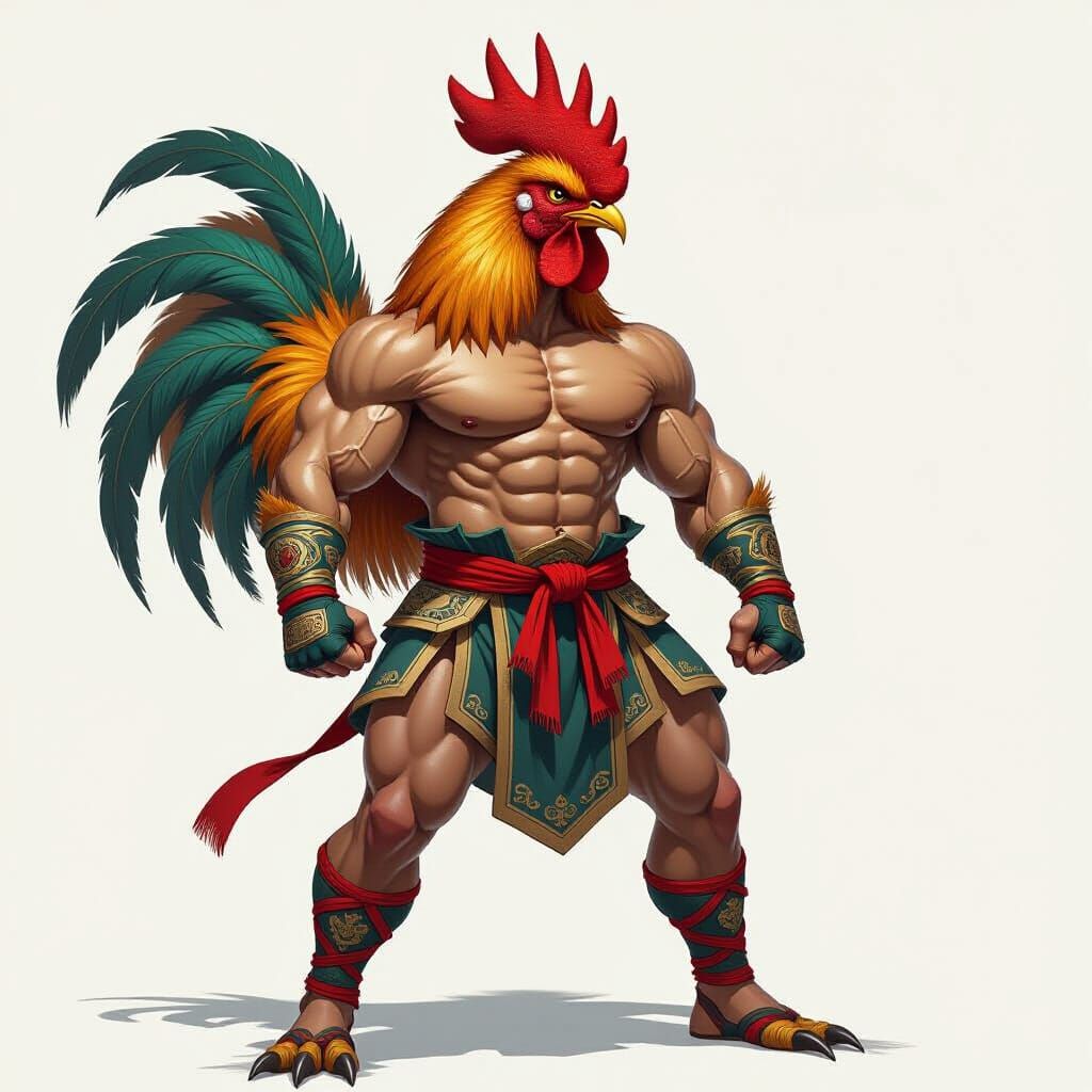 Ferocious Anthropomorphic Rooster Warrior in Muay Thai Style