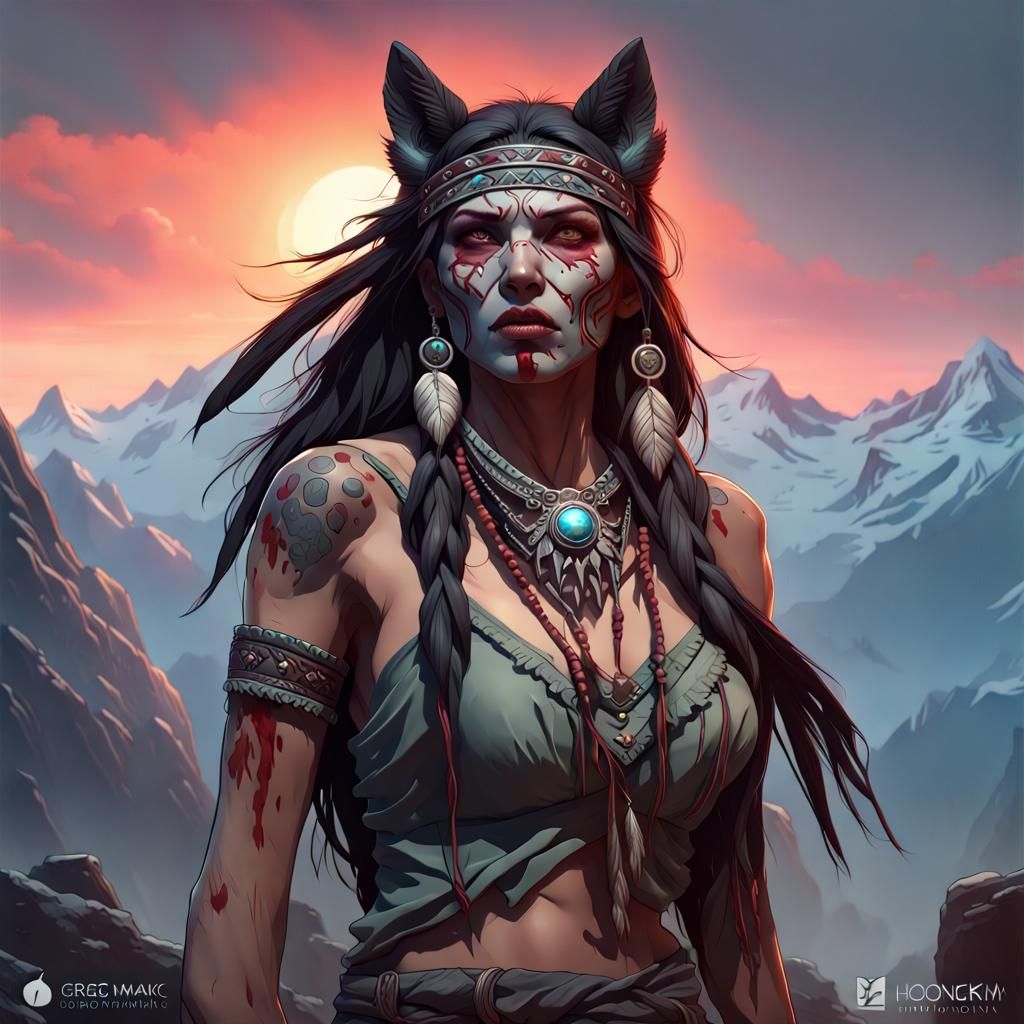 Undead Native American Woman with Wolf