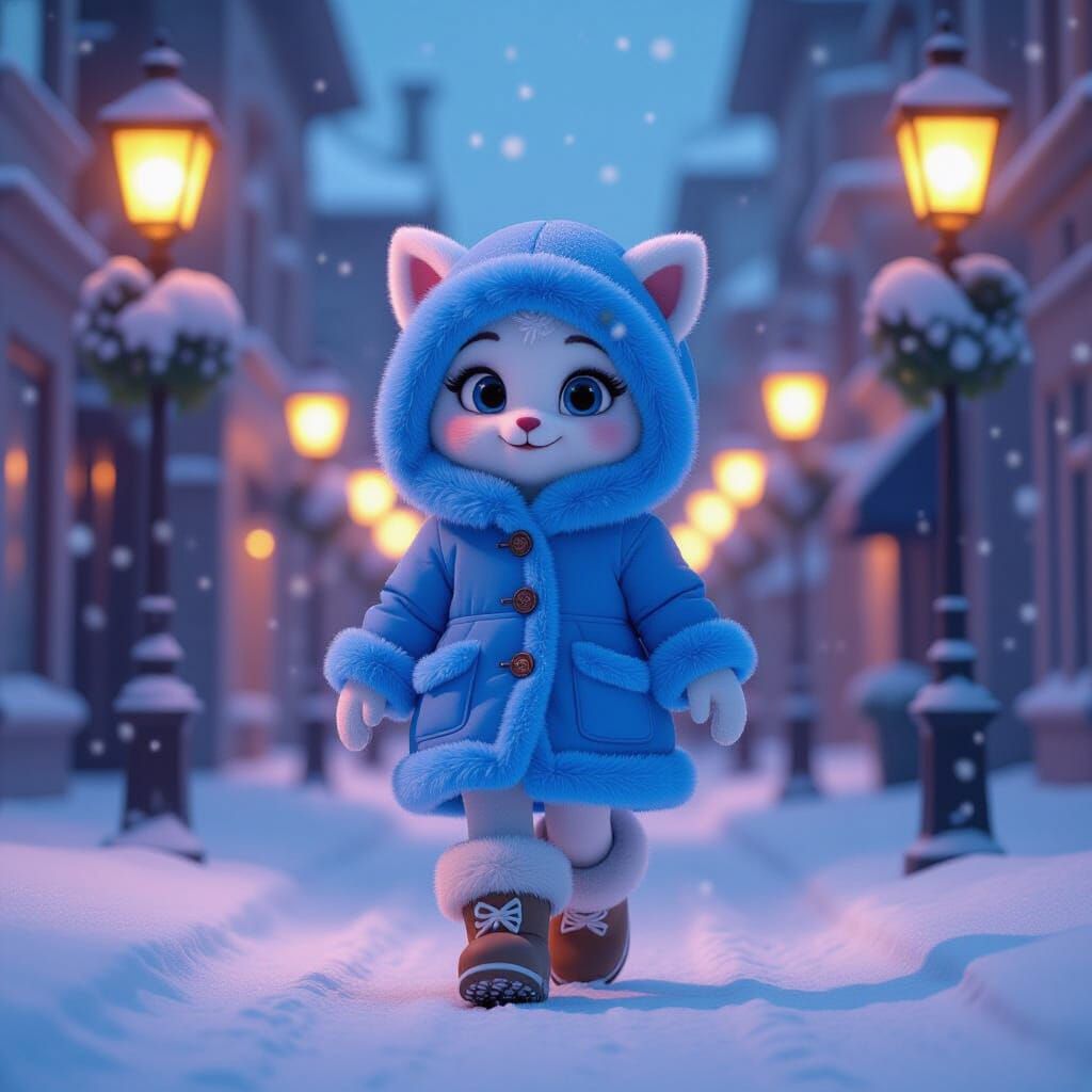 Anthropomorphic Snowflake Character in Blue Coat on Snowy St...