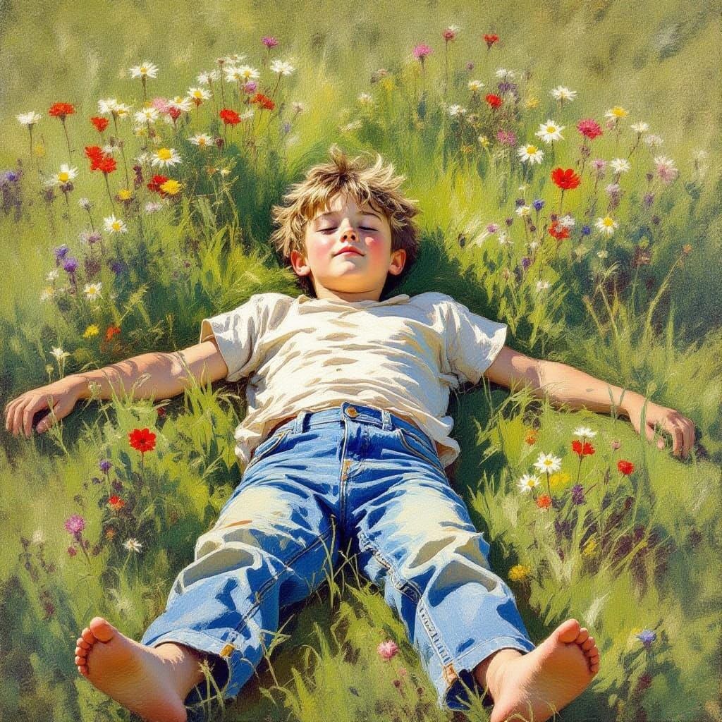 Barefoot Boy in Summer Meadow, Impressionistic Style