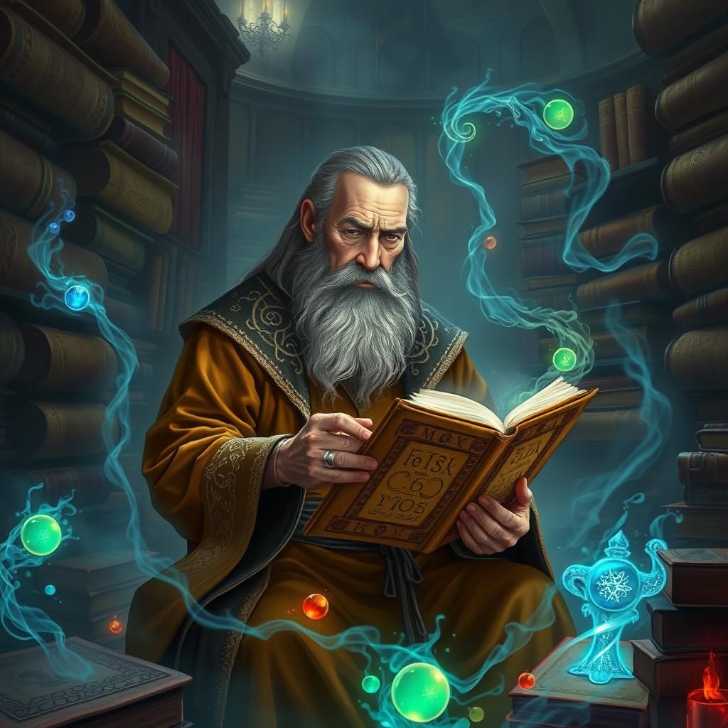 Mystical Mage Studies Ancient Tome with Elemental Magic