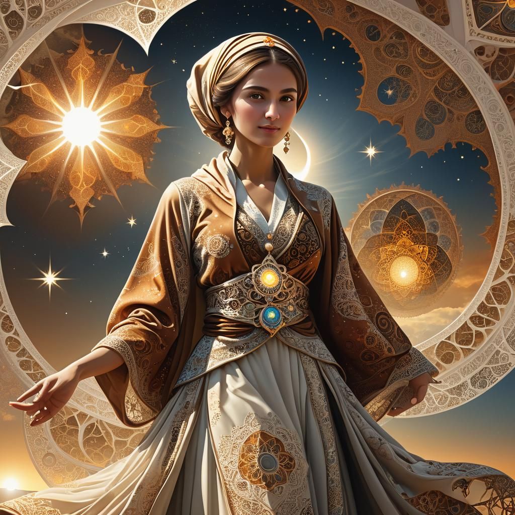 Ottoman Woman Holding Sun in Fractal Sky