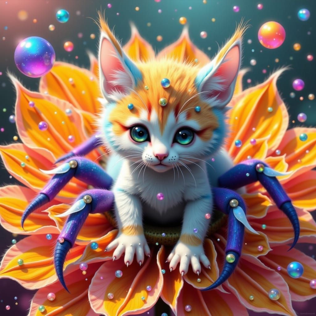 Spider-Kitten on Flower in Rainbow Pixar Style