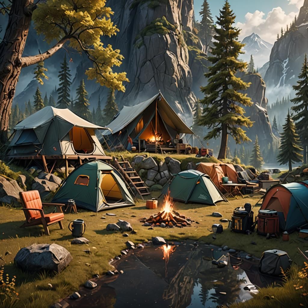 Fantastical Camping Setup in Detailed Matte Painting Style