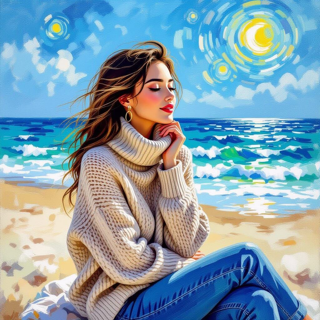 Woman by the Beach in Van Gogh Style