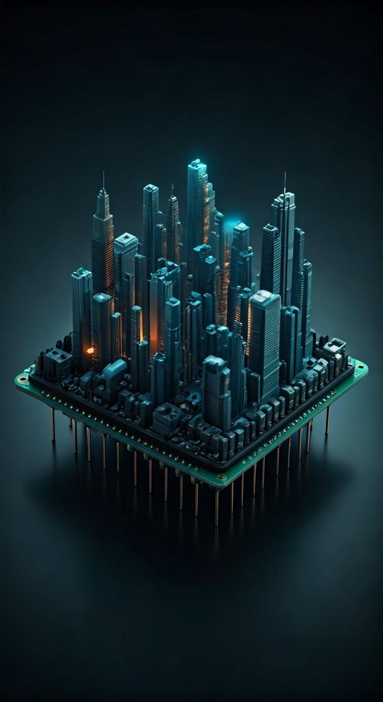 Hyperreal Metropolis Emerging from Microcontroller Circuit B...