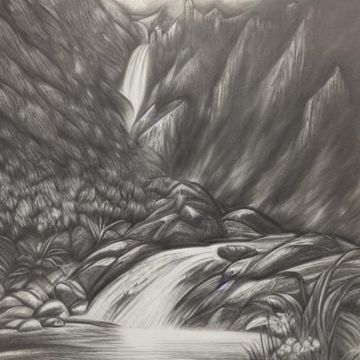 Hyperdetailed Charcoal Drawing of Waterfall and Mountains
