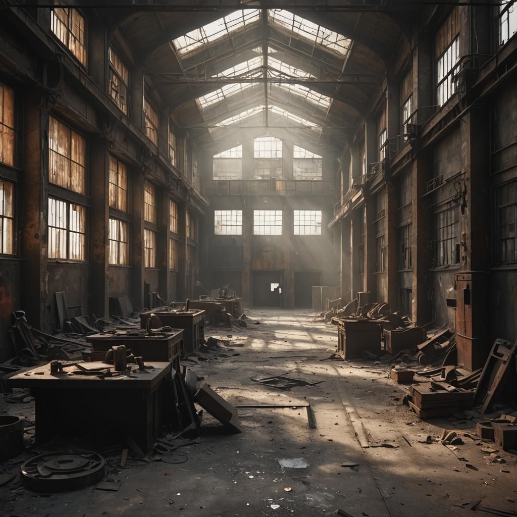 Abandoned Factory Interior: Dust and Light