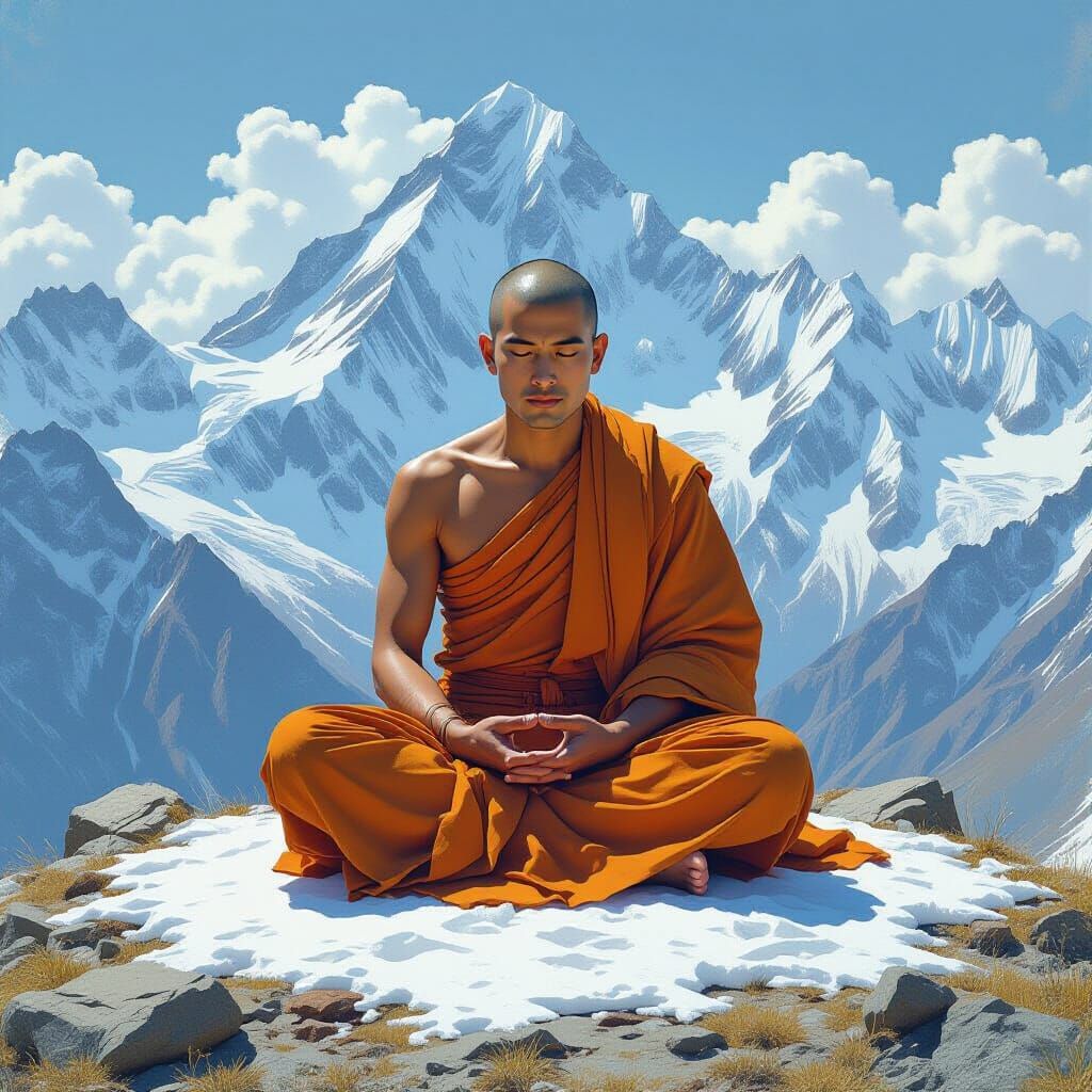 Serene Buddhist Monk Meditating in Snowy Mountains