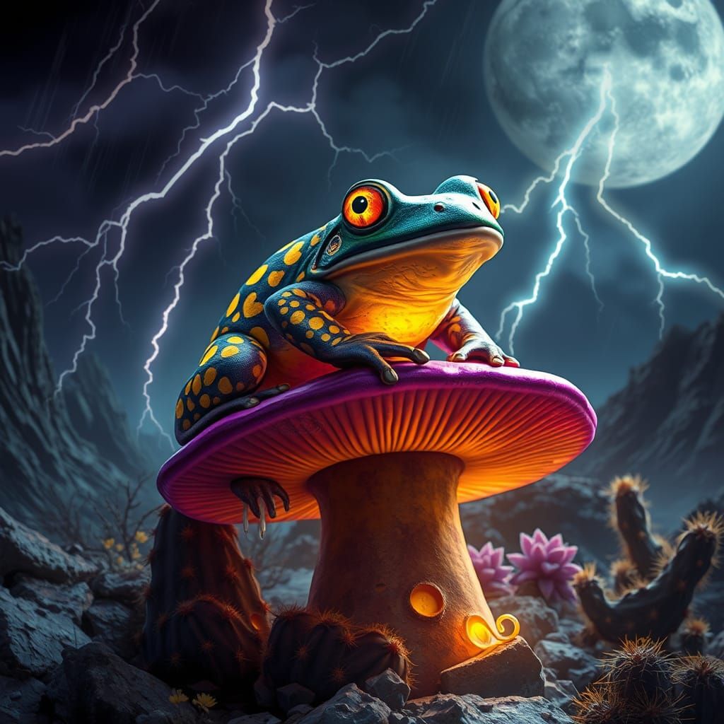 Toad on Toadstool in Moon Garden, Dark Fantasy Art