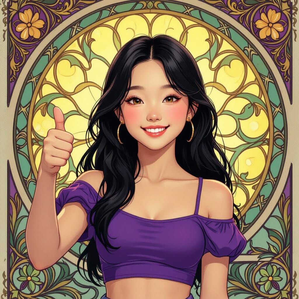 Korean Girl Thumbs Up in Art Nouveau Style