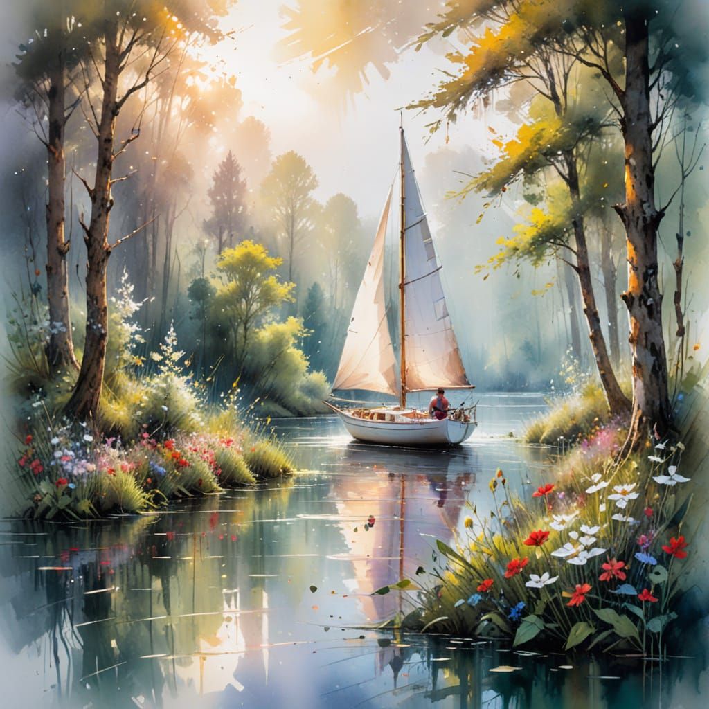 Vibrant Forest Lake Scene in Whimsical Watercolour Style