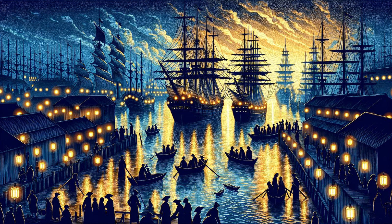 Twilight Harbor Scene with Sailing Ships