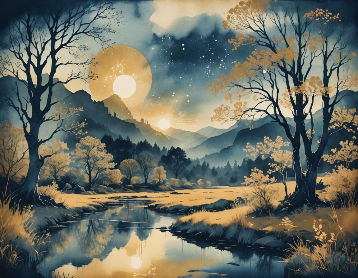 Ethereal Landscapes with Golden Shine in Cyanotype Style