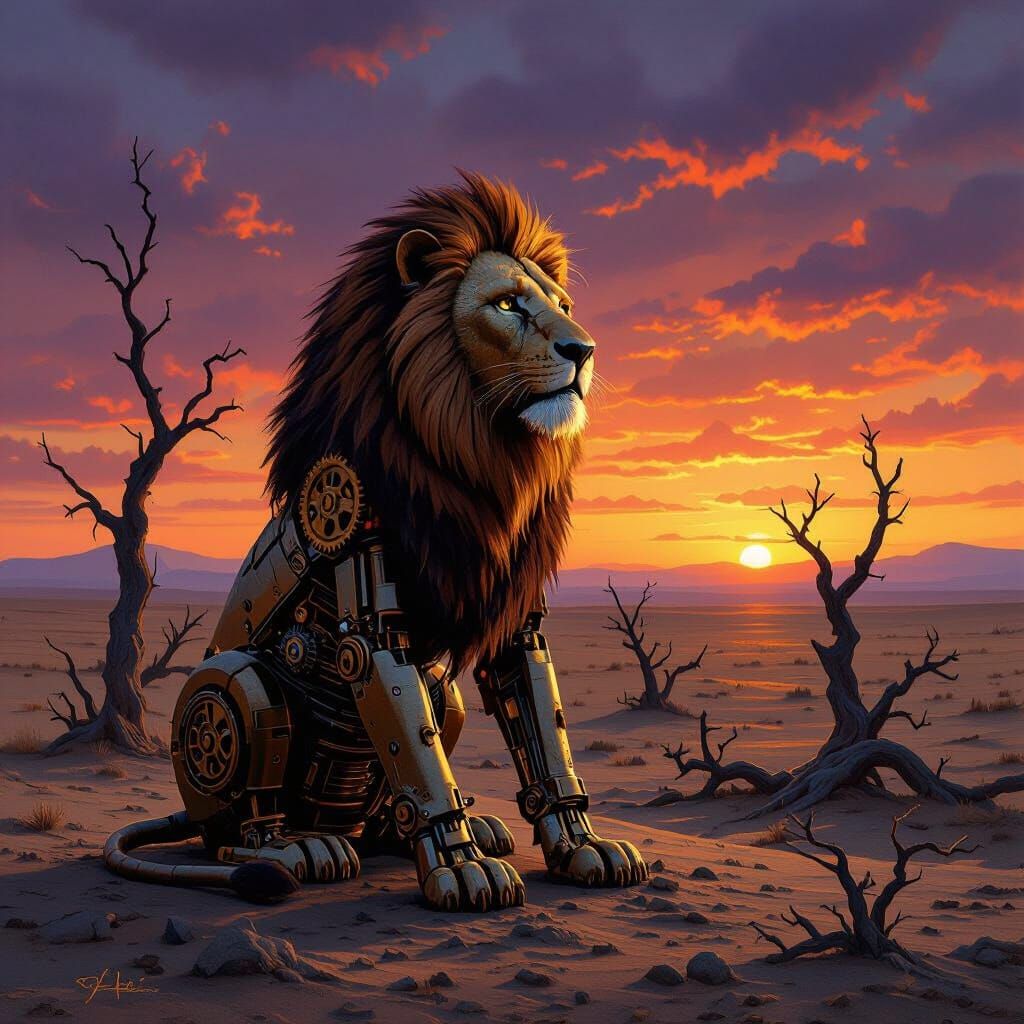 Automaton Lion on Windswept Plain at Sunset