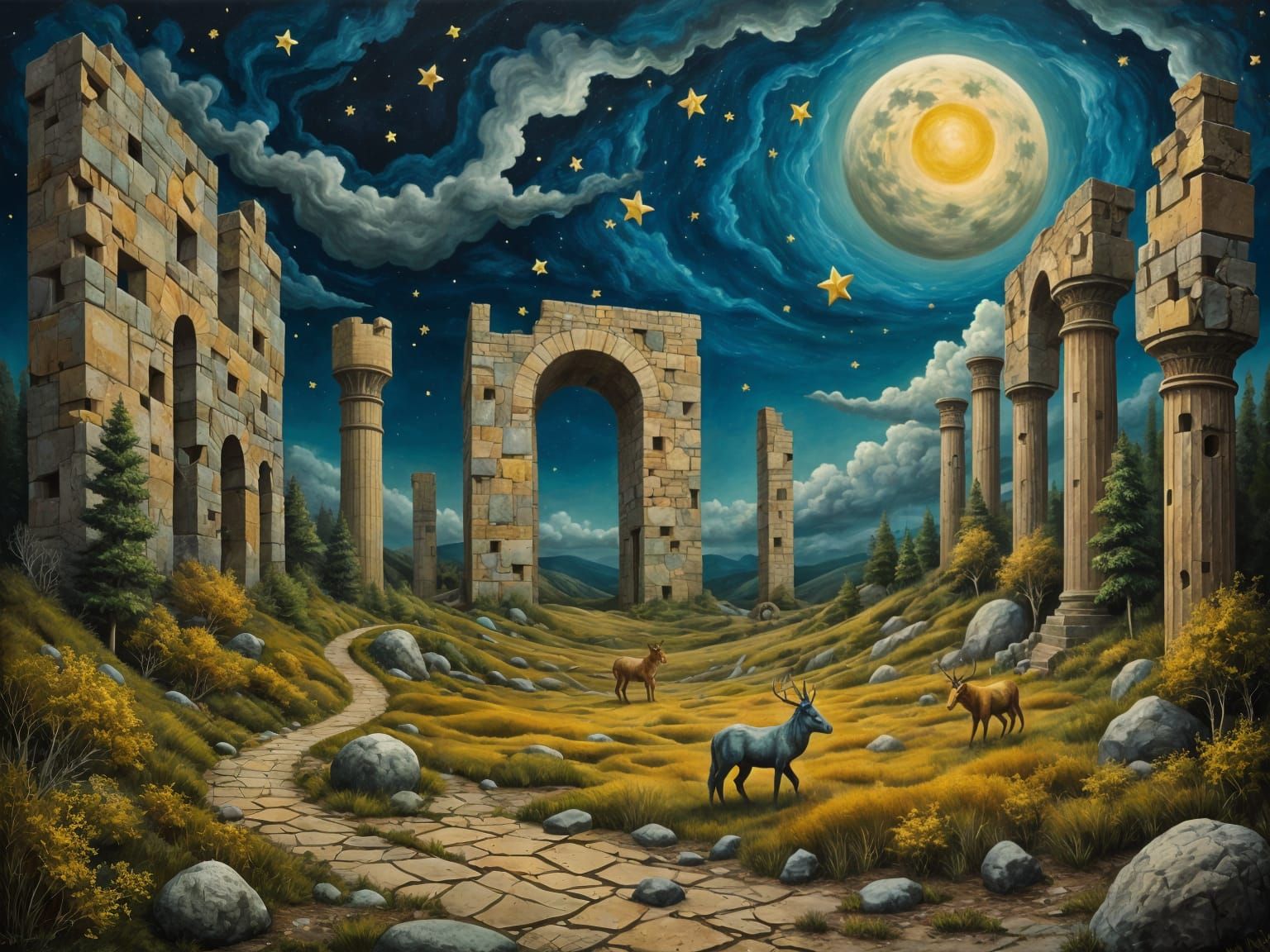 Surreal Wilderness with Starry Sky, Hyperrealistic Oil Paint...