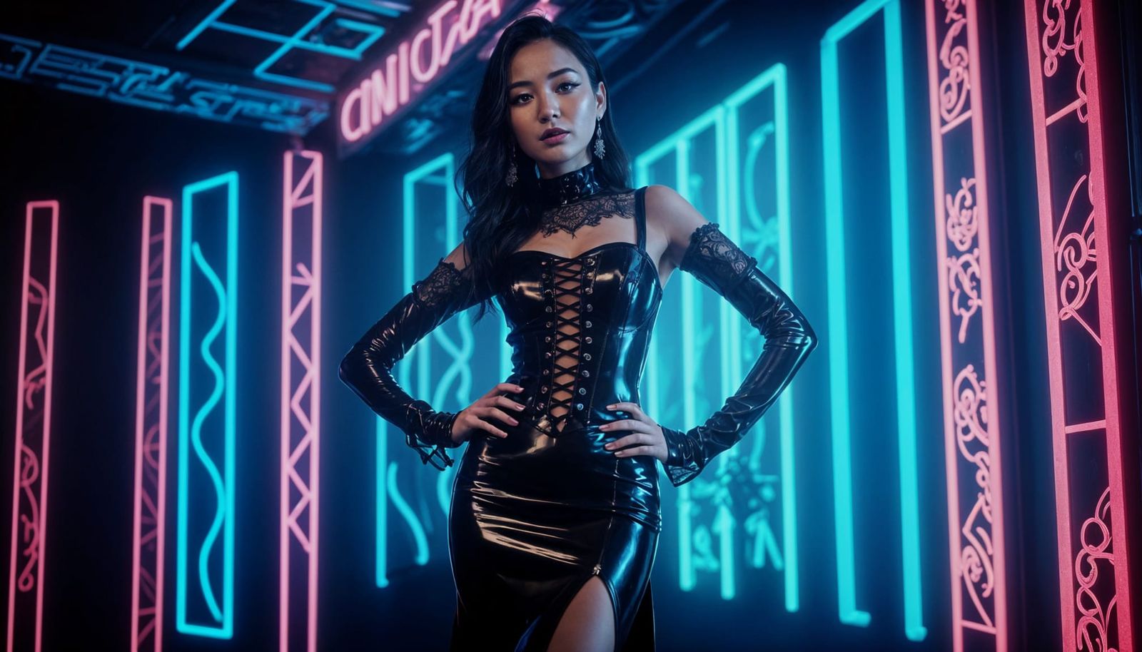 Confident Korean Woman in Neon Nightclub