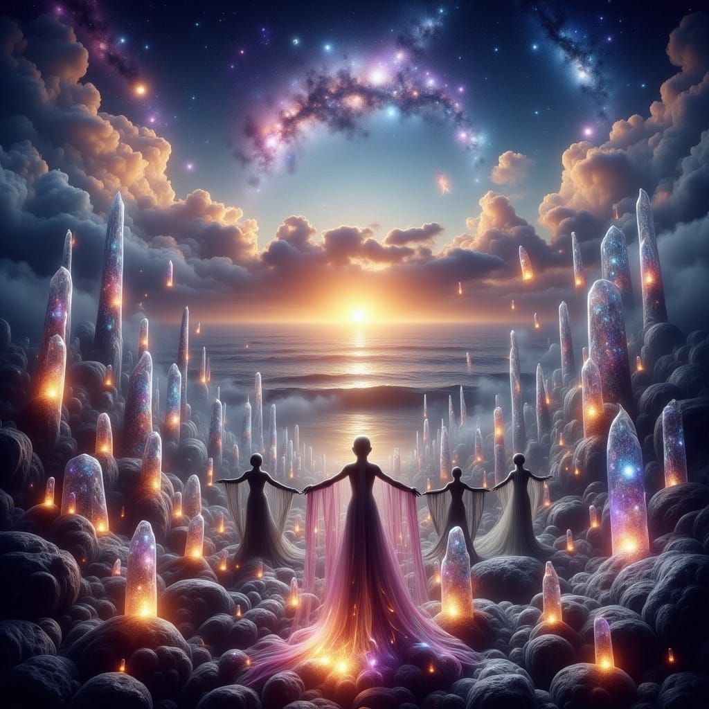 Ethereal Pacific Landscape with Celestial Beings Channeling ...