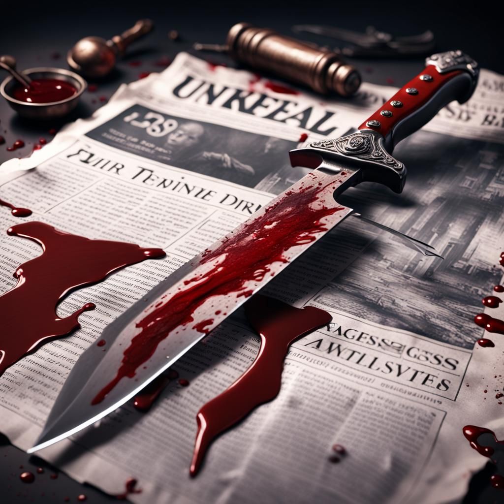 Blood Knife on Newspaper: Detailed Matte Painting