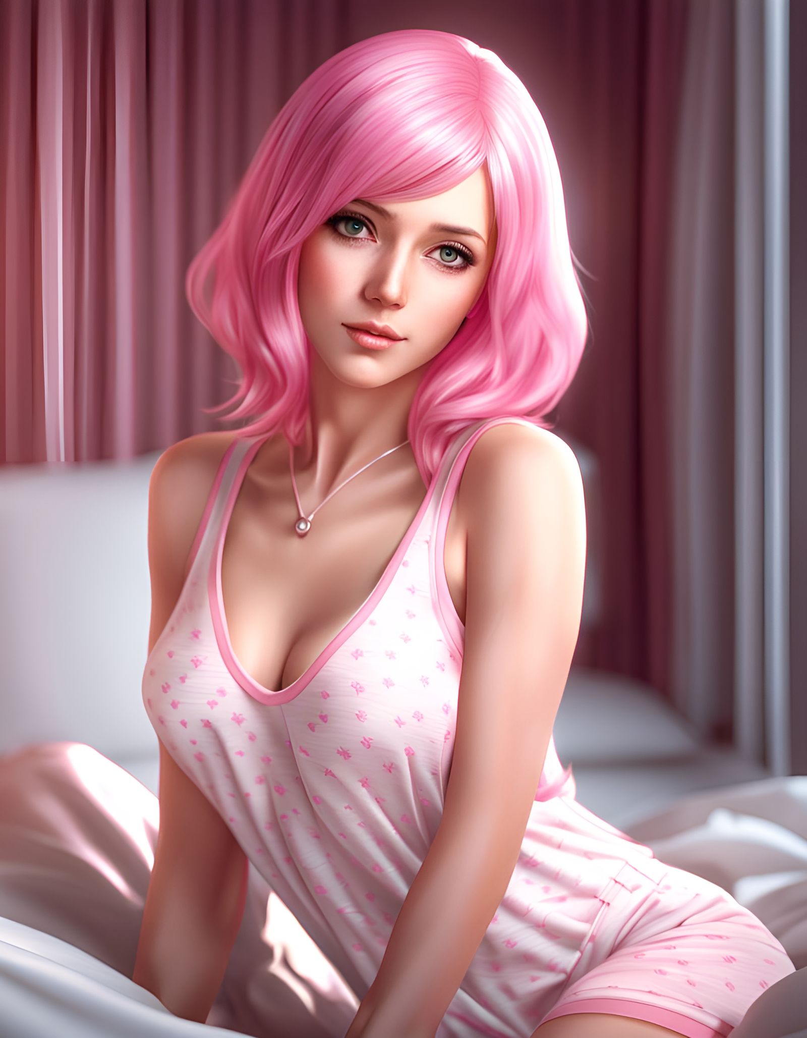Anime Style Pink-Haired Woman in Sleepwear
