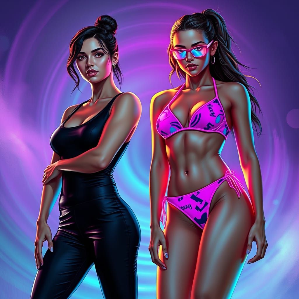 Woman in Neon Bikini Standing Next to Confident Athlete in B...