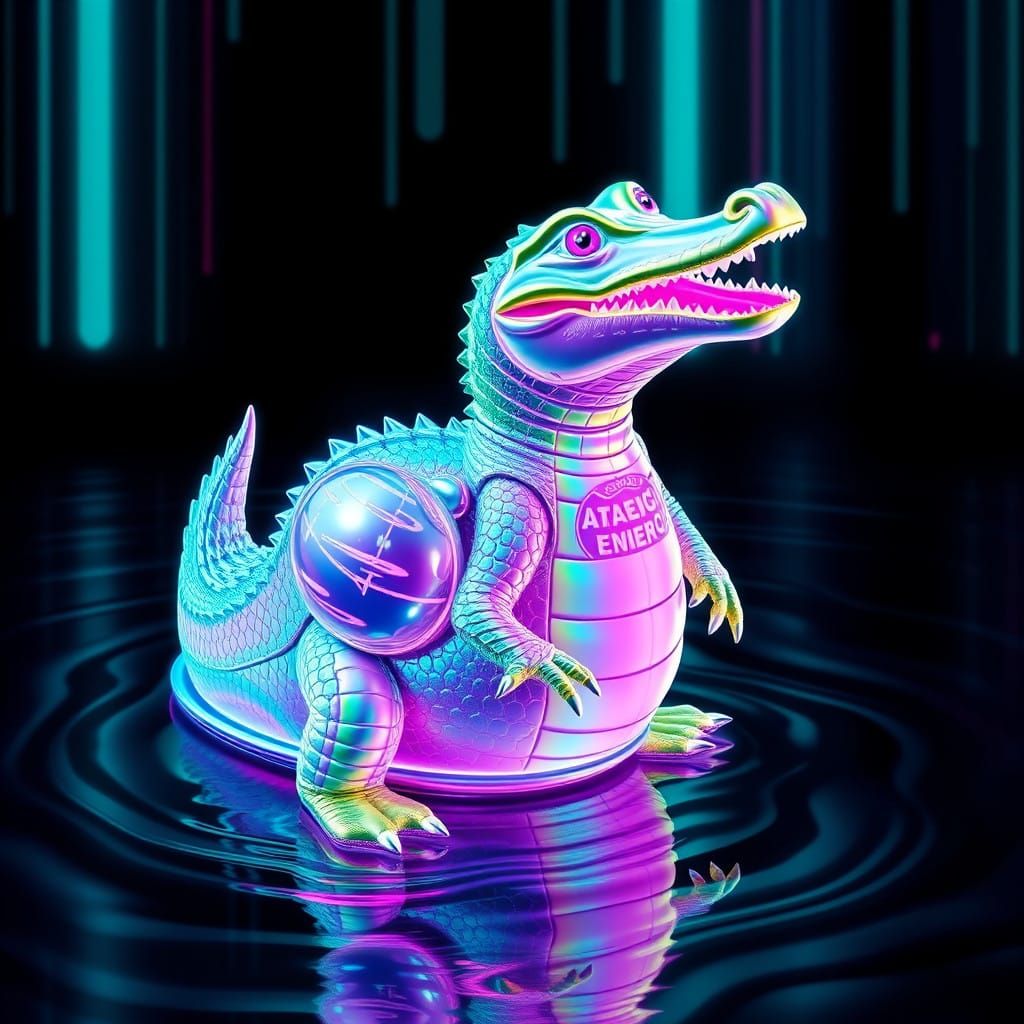 Glowing Holographic Crocodile Duck in Neon Vaporwave Aesthet...