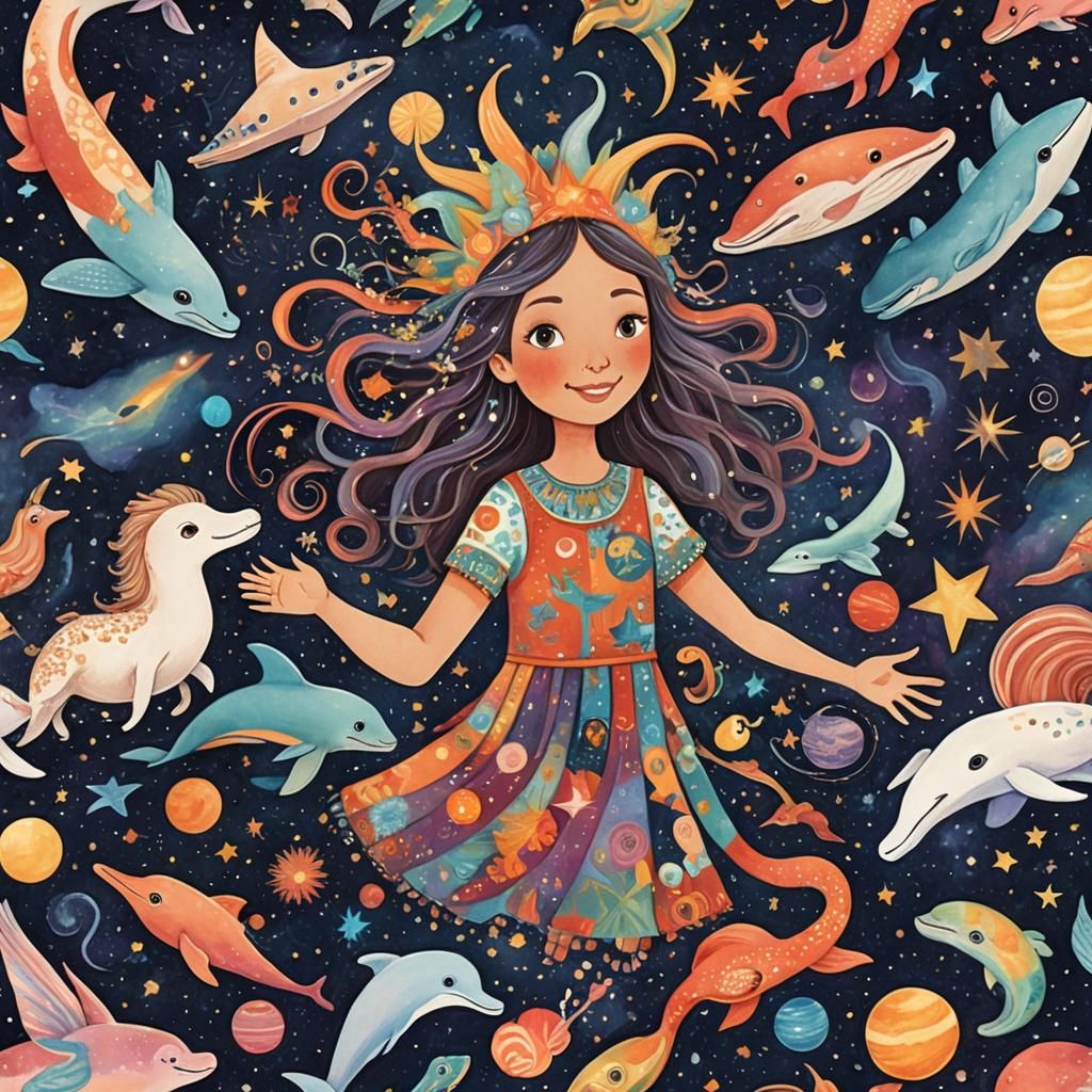 Mystical Creatures Soaring Through Galaxy in Dreamy Illustra...