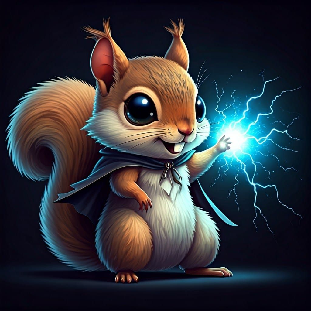 Chibi Squirrel Unleashes Electric Lightning, Whimsical Art