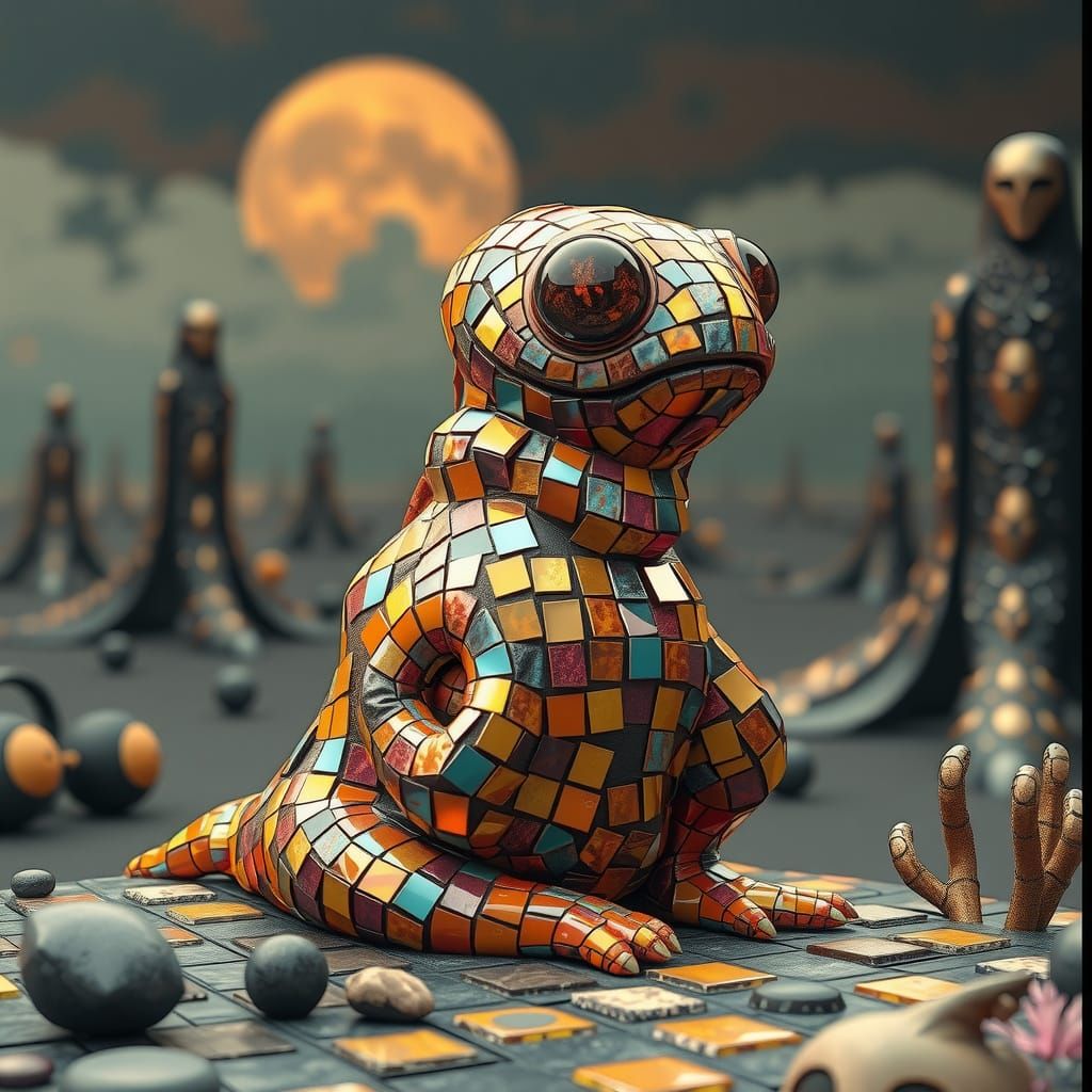 Ceramic Slime Creature in Surreal Landscape