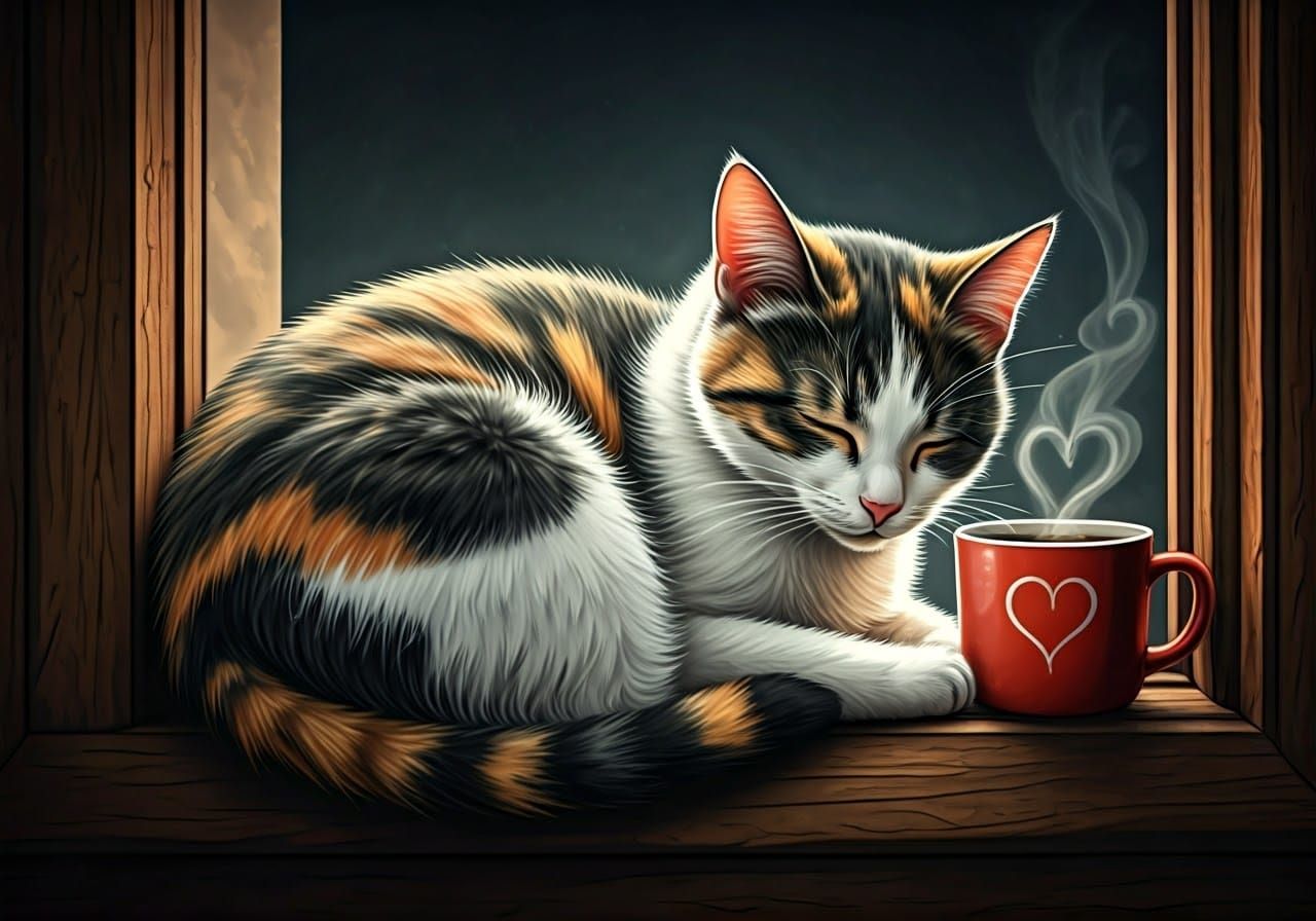 Calico Cat Sleeping: Graphic Novel Style Illustration