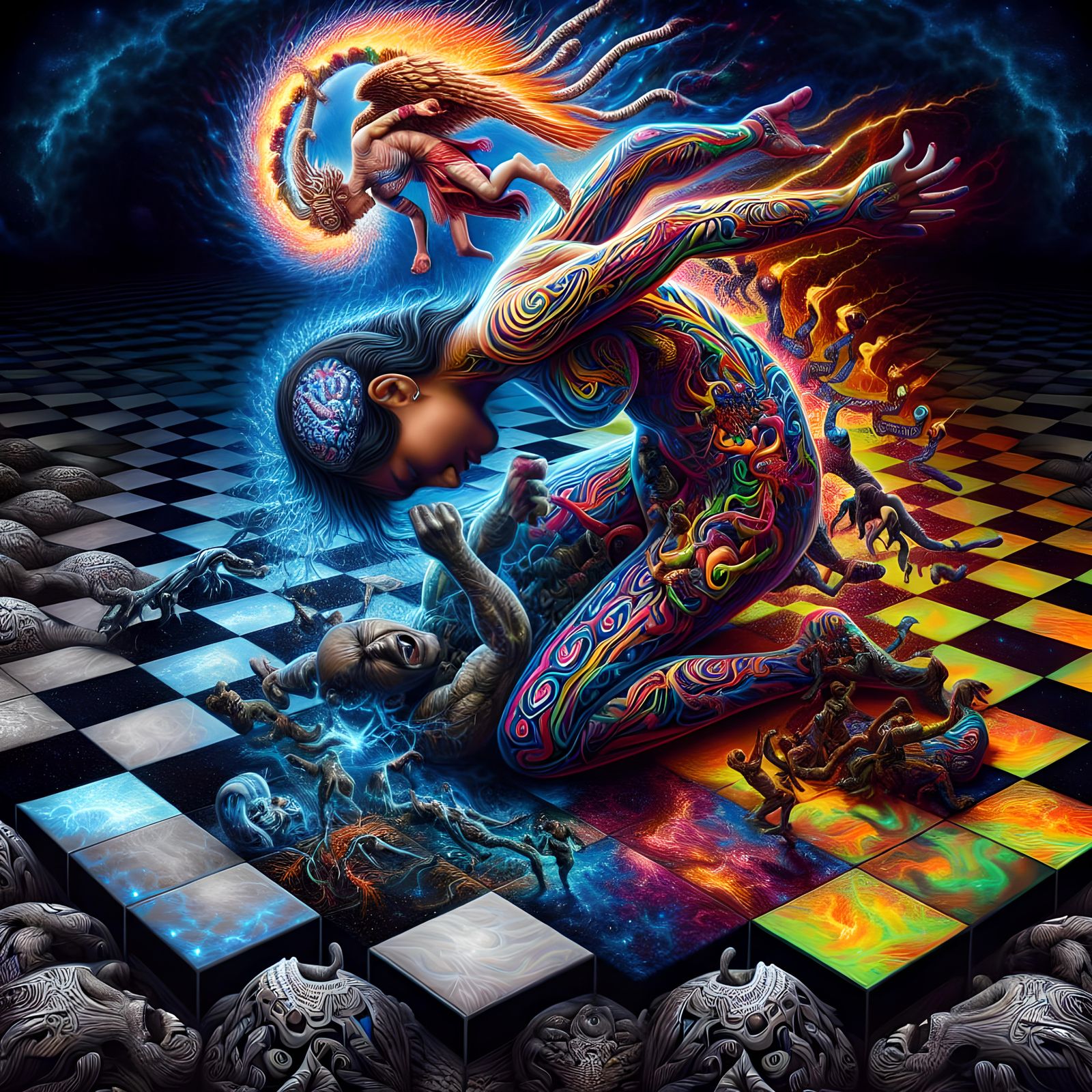 Celestial Battle: South Asian Woman in Neon Punk Style