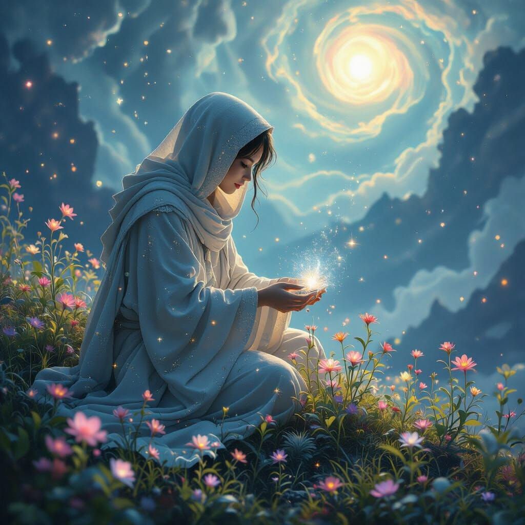 Celestial Botanist Cultivating Luminous Flora, Digital Art