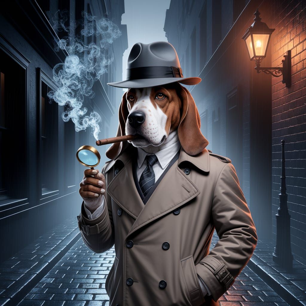 Basset Hound Detective in Cobblestone Alleyway