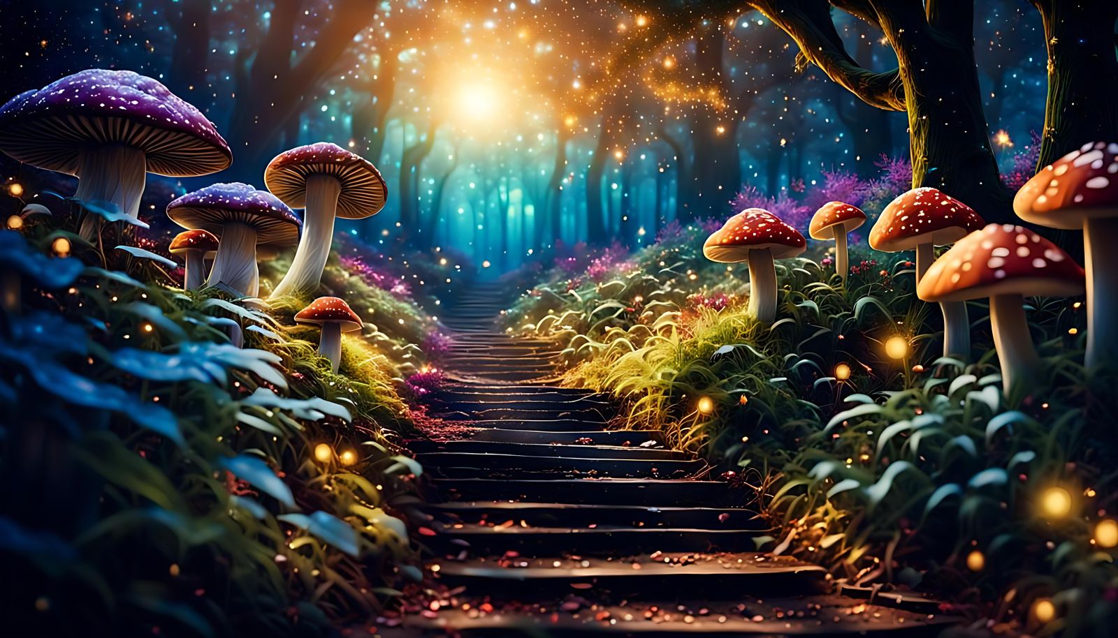 Enchanted Forest Entrance with Crystal Leaf Stairway
