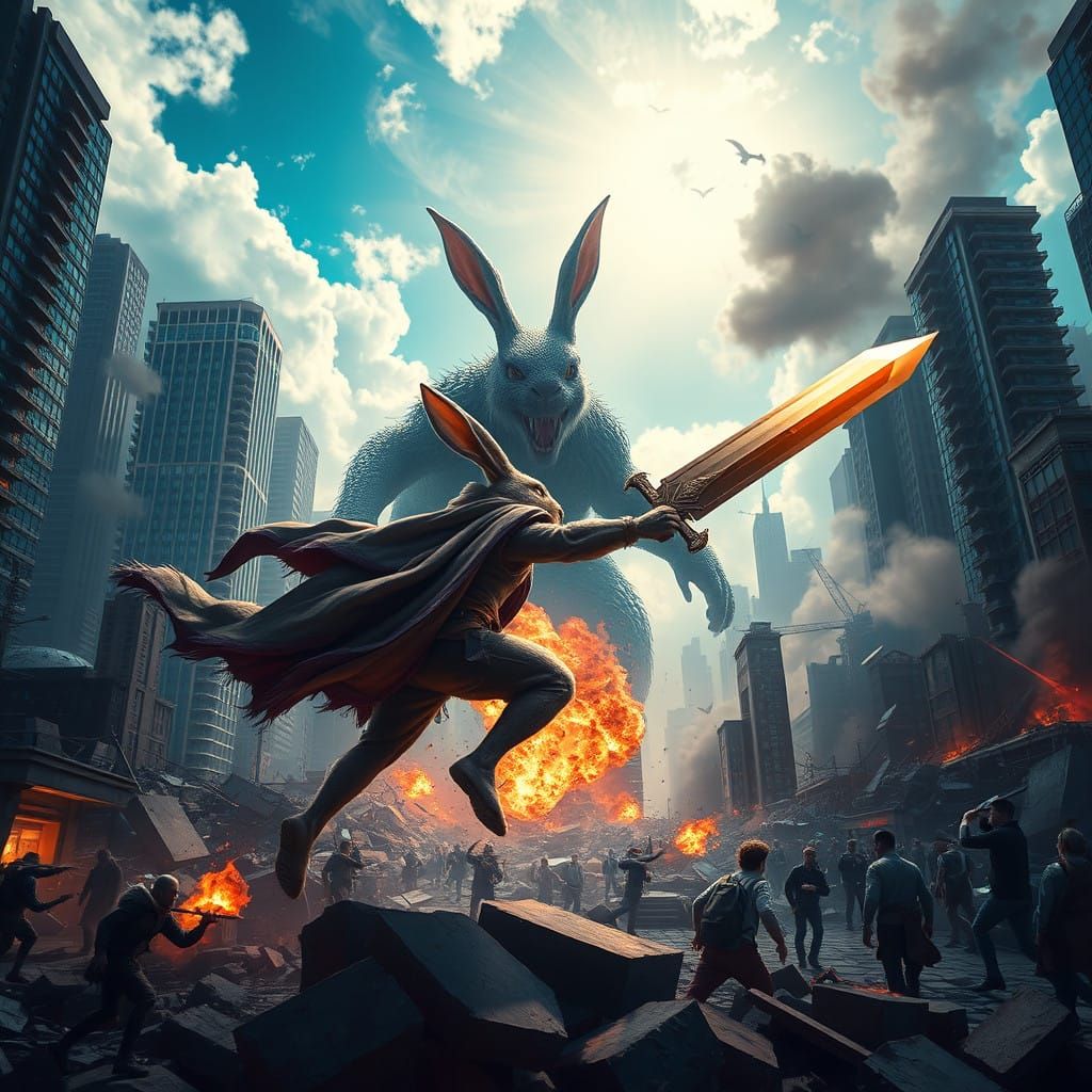 Hero Rabbit Battles Behemoth in Collapsed Cityscape in Matte...
