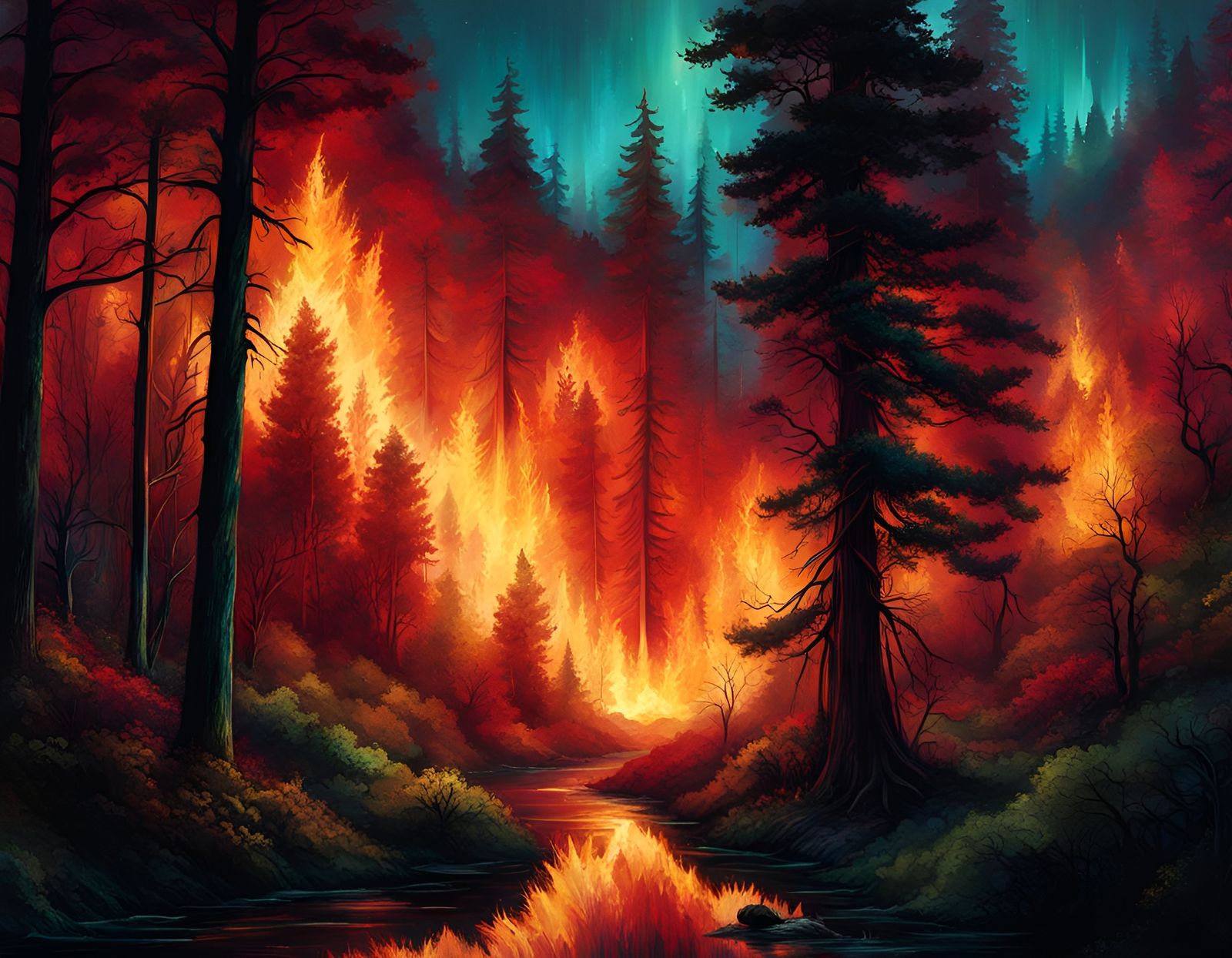 Dystopian Forest Fire Digital Illustration