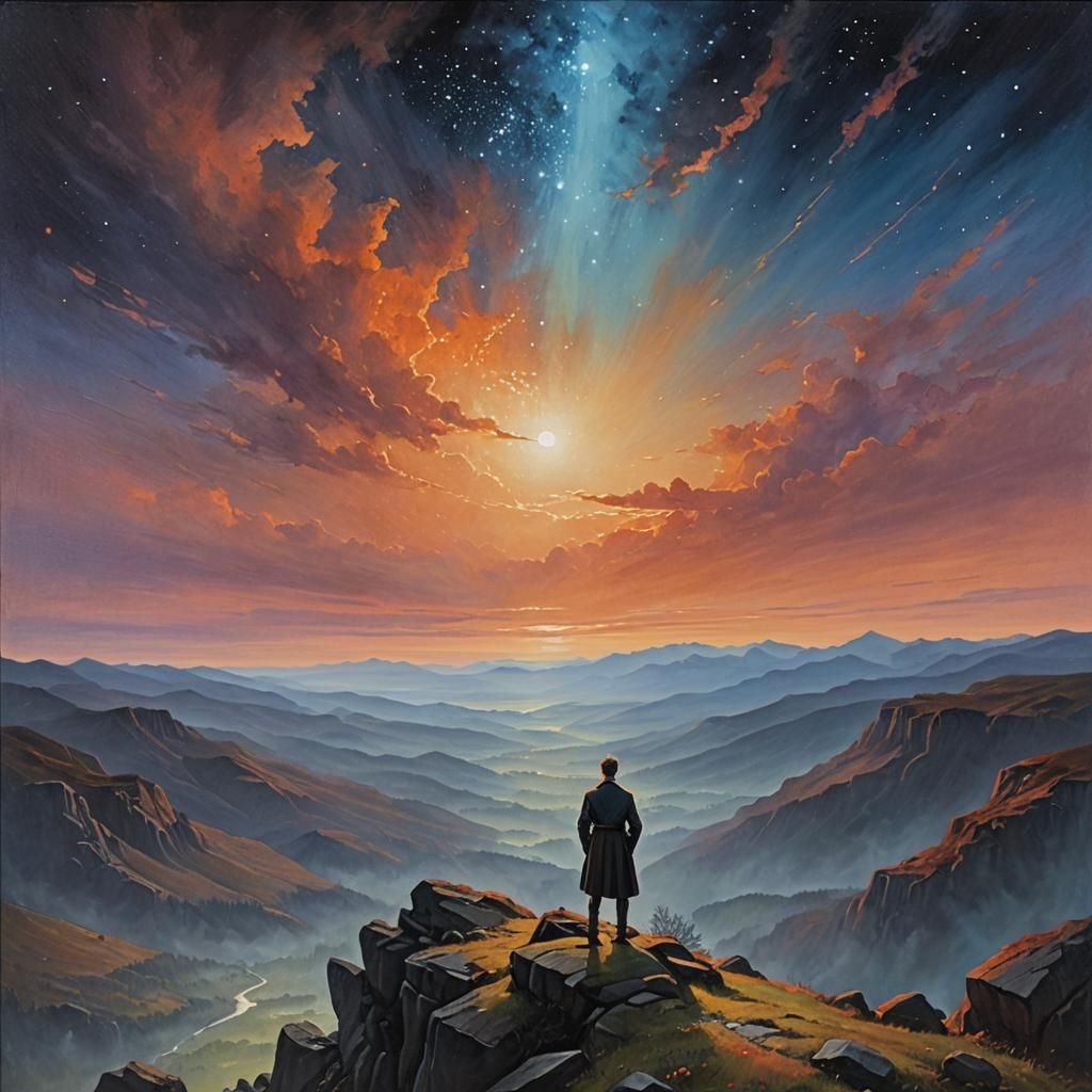 Romantic Landscape Painting with Starry Sky