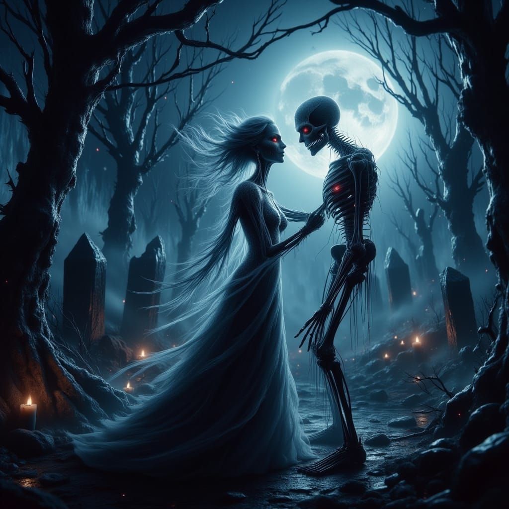 Moonlit Waltz: Dancing Skeletons in a Graveyard