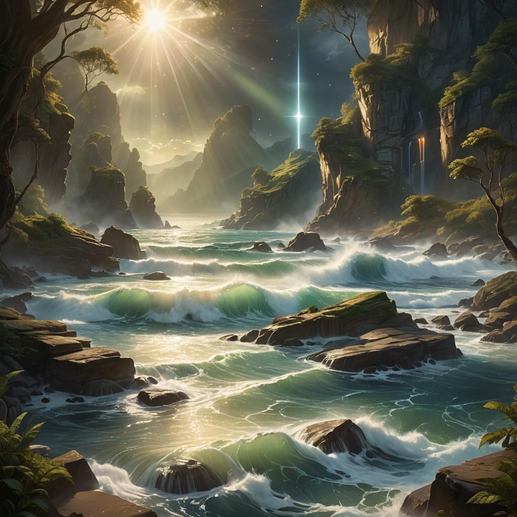 A serene scene where the divine light is being shaped and mo...