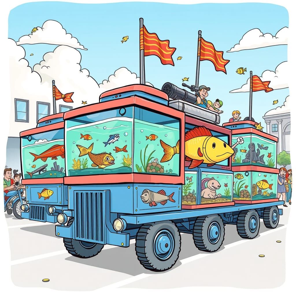 Cartoon Parade with Gigantic Fish Tanks
