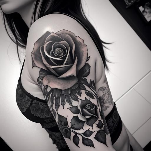 Intricate Black and White Rose Tattoo Design