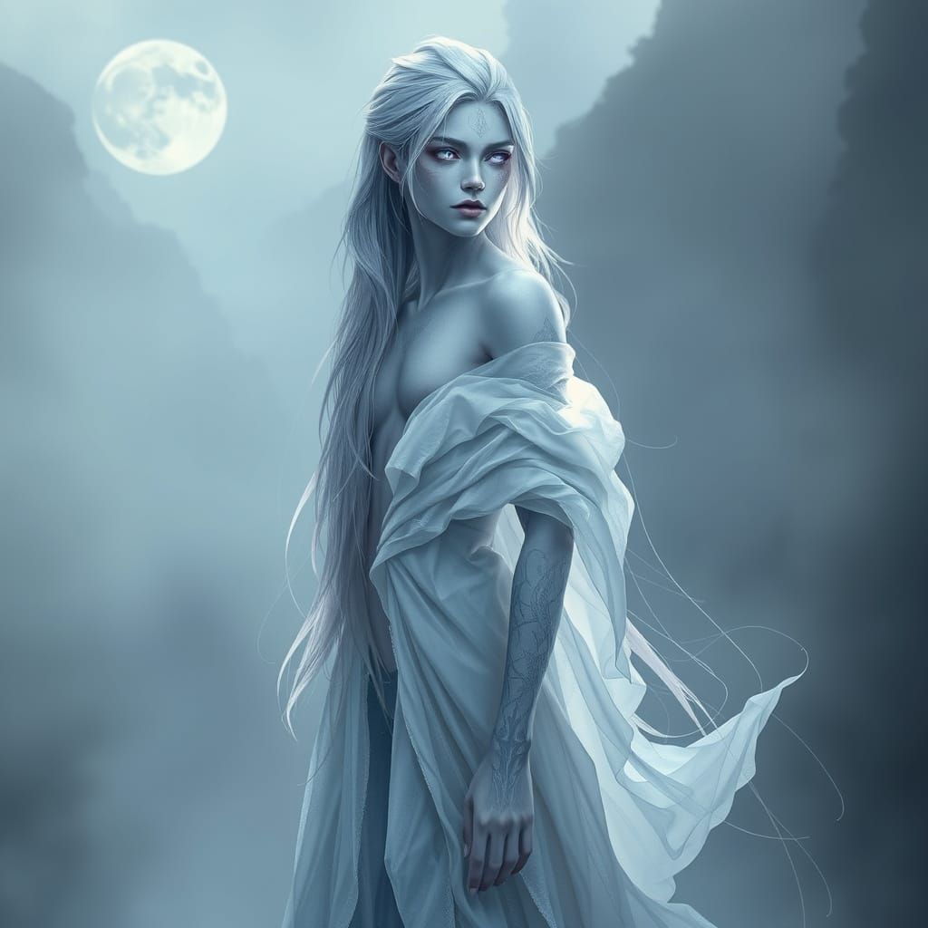 Ethereal Figure in Mist-Shrouded Realm