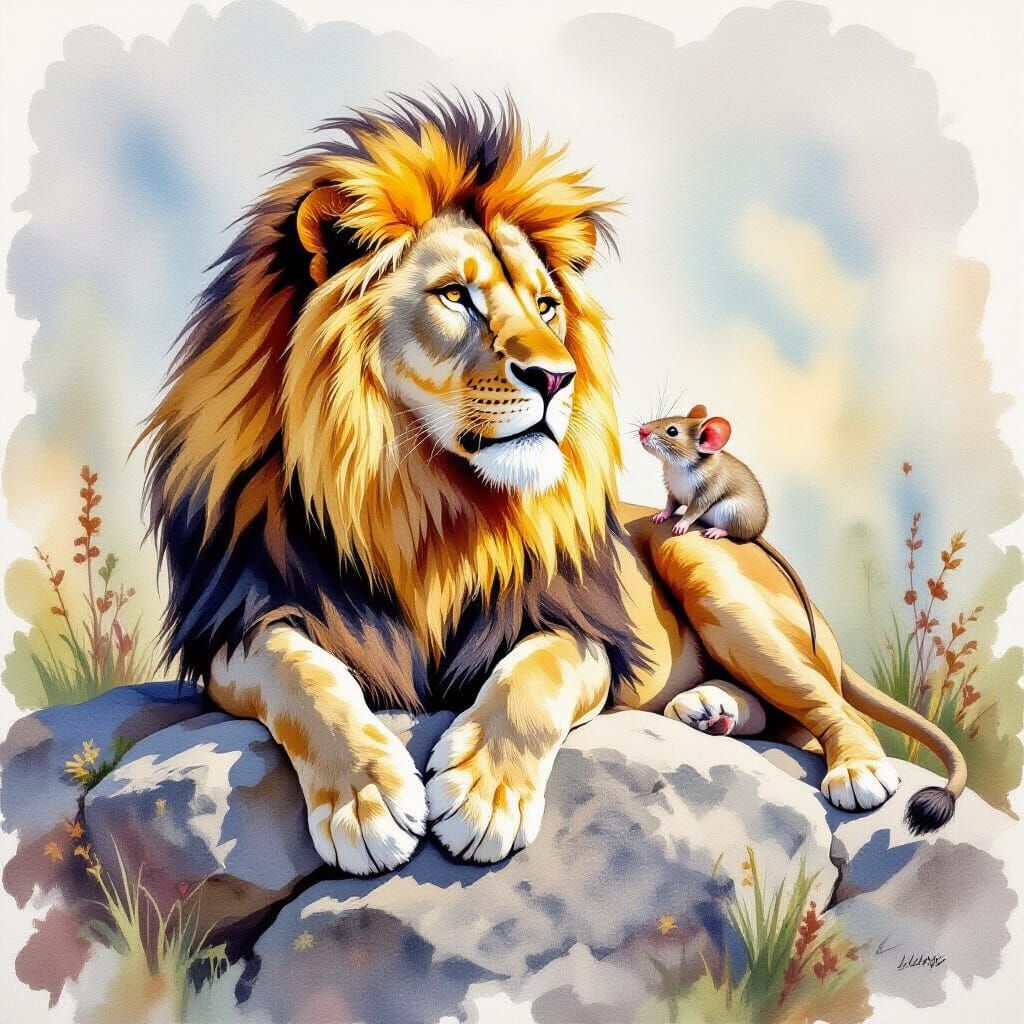 Lion and Mouse in Watercolor Painting Style