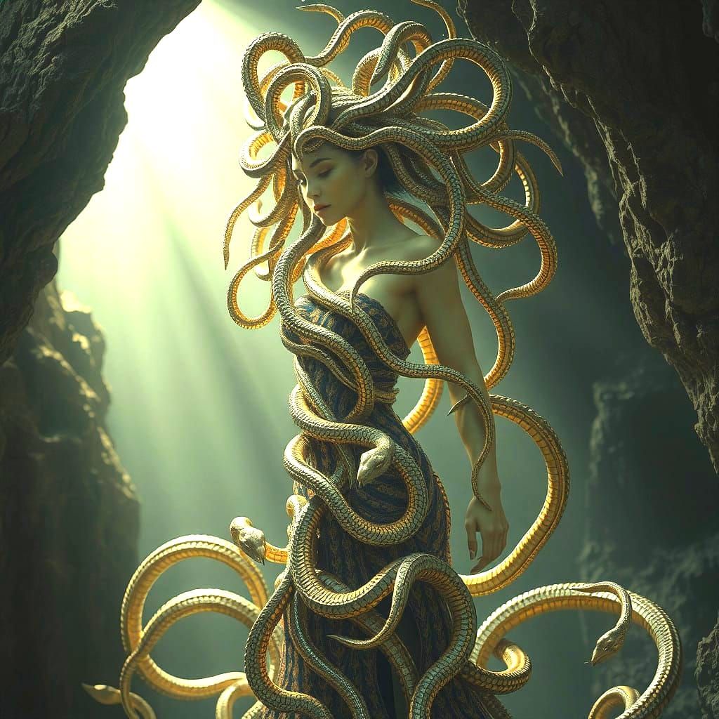 Medusa in Diamond Serpent Dress, Hyperdetailed AI Art